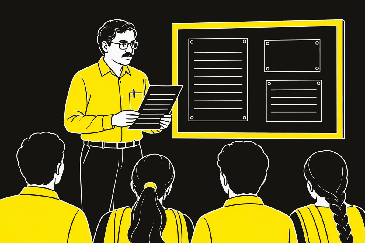 A placement officer holding a class list beside a notice board, with students seated in front.